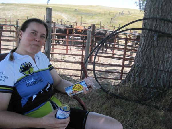 Bugman took my picture eating beef sticks while beef cattle slurped at the water trough in the background. Not sure what that odd expression on my face is all about. Maybe irony?